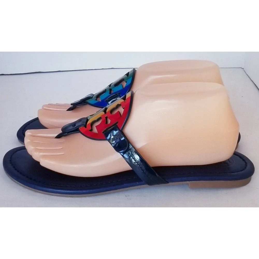TORY BURCH Rainbow Leather BIG Medalion Slides/Thongs/Flat Sandals Sz 8.5M